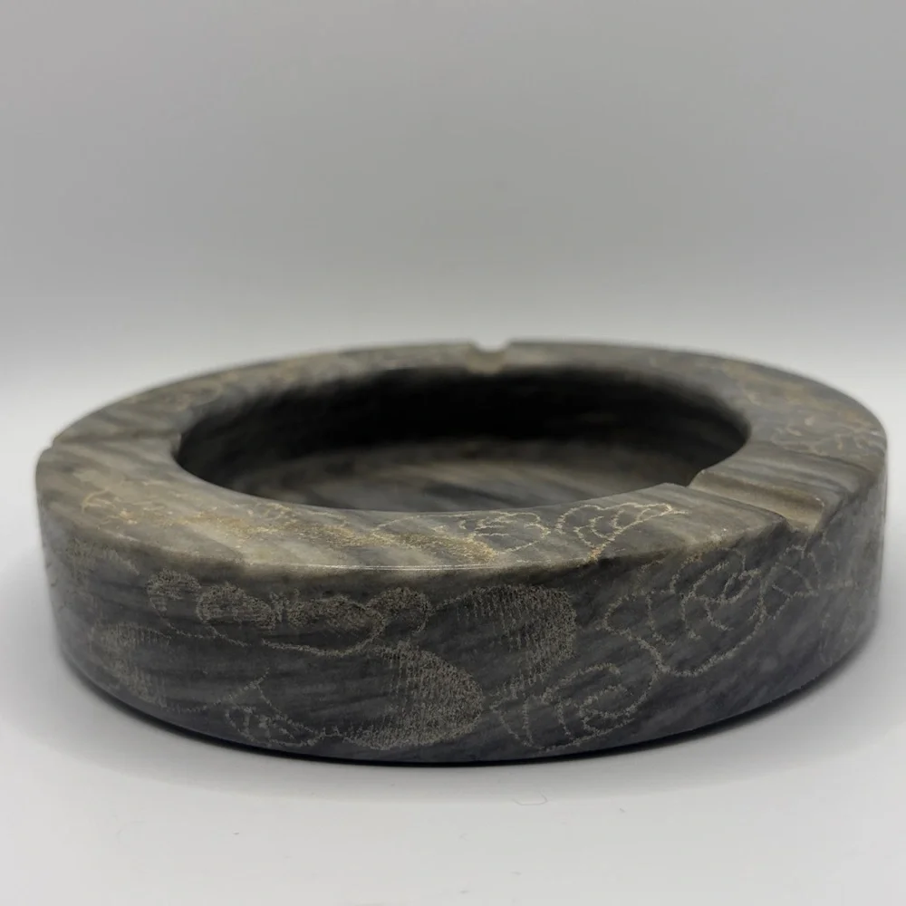 Vintage Handmade Round Etched Stone Trinket Dish Ashtray Catchall Keepsake Decor